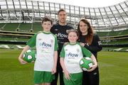 3 May 2012; Republic of Ireland stars Stephen Ward and Ciara Grant today launched the FAI eFlow Summer Soccer Schools programme for 2012. Due to the camps' increasing popularity, interested participants are encouraged to book early to avoid disappointment. Further information can be found at www.summersoccerschools.ie or by calling 1890653653. At the launch are Republic of Ireland stars Stephen Ward and Ciara Grant with stars of the future Sean and Aideen McNamara, from Cork. Aviva Stadium, Lansdowne Road, Dublin. Picture credit: Brian Lawless / SPORTSFILE