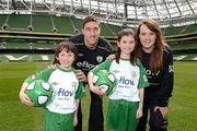 3 May 2012; Republic of Ireland stars Stephen Ward and Ciara Grant today launched the FAI eFlow Summer Soccer Schools programme for 2012. Due to the camps' increasing popularity, interested participants are encouraged to book early to avoid disappointment. Further information can be found at www.summersoccerschools.ie or by calling 1890653653. At the launch are Republic of Ireland stars Stephen Ward and Ciara Grant with stars of the future Liam and Ceola Donlon, from Kildare. Aviva Stadium, Lansdowne Road, Dublin. Picture credit: Brian Lawless / SPORTSFILE