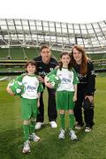 3 May 2012; Republic of Ireland stars Stephen Ward and Ciara Grant today launched the FAI eFlow Summer Soccer Schools programme for 2012. Due to the camps' increasing popularity, interested participants are encouraged to book early to avoid disappointment. Further information can be found at www.summersoccerschools.ie or by calling 1890653653. At the launch are Republic of Ireland stars Stephen Ward and Ciara Grant with stars of the future Liam and Ceola Donlon, from Kildare. Aviva Stadium, Lansdowne Road, Dublin. Picture credit: Brian Lawless / SPORTSFILE