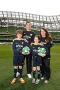 3 May 2012; Republic of Ireland stars Stephen Ward and Ciara Grant today launched the FAI eFlow Summer Soccer Schools programme for 2012. Due to the camps' increasing popularity, interested participants are encouraged to book early to avoid disappointment. Further information can be found at www.summersoccerschools.ie or by calling 1890653653. At the launch are Republic of Ireland stars Stephen Ward and Ciara Grant with stars of the future Joshua and Rachel Quinlivan, from Galway. Aviva Stadium, Lansdowne Road, Dublin. Picture credit: Brian Lawless / SPORTSFILE