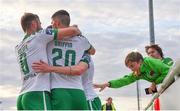 12 August 2017; Cork City's Kieran Sadlier, hidden, is congratulated by teammates after scoring his side's first goal during the Irish Daily Mail FAI Cup first round match between Bray Wanderers and Cork City at the Carlisle Grounds in Bray, Co. Wicklow. Photo by Ramsey Cardy/Sportsfile