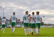 12 August 2017; Cork City's Kieran Sadlier, 15, is congratulated by teammates after scoring his side's first goal during the Irish Daily Mail FAI Cup first round match between Bray Wanderers and Cork City at the Carlisle Grounds in Bray, Co. Wicklow. Photo by Ramsey Cardy/Sportsfile