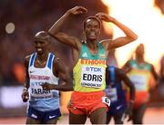 12 August 2017; Muktar Edris of Ethiopia celebrates winning the final of the Men's 5000m event, from secpond place Mo Farah of Great Britain, during day nine of the 16th IAAF World Athletics Championships at the London Stadium in London, England. Photo by Stephen McCarthy/Sportsfile
