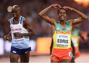 12 August 2017; Muktar Edris of Ethiopia celebrates winning the final of the Men's 5000m event, from secpond place Mo Farah of Great Britain, during day nine of the 16th IAAF World Athletics Championships at the London Stadium in London, England. Photo by Stephen McCarthy/Sportsfile