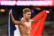 12 August 2017; Kevin Mayer of France celebrates winning the Men's Decathlon event, following the 1500m discipline, during day nine of the 16th IAAF World Athletics Championships at the London Stadium in London, England. Photo by Stephen McCarthy/Sportsfile