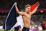 12 August 2017; Kevin Mayer of France celebrates winning the Men's Decathlon event, following the 1500m discipline, during day nine of the 16th IAAF World Athletics Championships at the London Stadium in London, England. Photo by Stephen McCarthy/Sportsfile