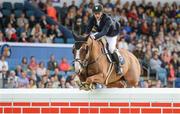 12 August 2017; Eventual co-winner Christopher Megahey of Ireland clears the obstacle on Seapatrick Cruise Cavalier in the Land Rover Puissance during the Dublin International Horse Show at RDS, Ballsbridge in Dublin. Photo by Cody Glenn/Sportsfile