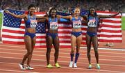 12 August 2017; Members of the victorious USA team, from left, Aaliyah Brown, Morolake Akinosun, Allyson Felix and Tori Bowie following the final of the Women's 4x100m Relay event during day nine of the 16th IAAF World Athletics Championships at the London Stadium in London, England. Photo by Stephen McCarthy/Sportsfile