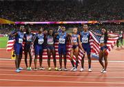 12 August 2017; Mike Rodgers, Justin Gatlin, BeeJay Lee and Christian Coleman of the United States, silver, from the mens 4x100 Metres Relay team and Aaliyah Brown, Allyson Felix, Morolake Akinosun and Tori Bowie of the United States from the Women's 4x100 Metres Relay team, gold, celebrate during day nine of the 16th IAAF World Athletics Championships at the London Stadium in London, England. Photo by Stephen McCarthy/Sportsfile