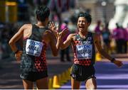 13 August 2017; Third place Kai Kobayashi of Japan, right, celebrates with Hirooki Arai of Japan, who finished second, following the Men's 50km Race Walk final during day ten of the 16th IAAF World Athletics Championships at The Mall in London, England. Photo by Stephen McCarthy/Sportsfile