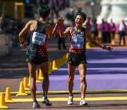 13 August 2017; Third place Kai Kobayashi of Japan, right, celebrates with Hirooki Arai of Japan, who finished second, following the Men's 50km Race Walk final during day ten of the 16th IAAF World Athletics Championships at The Mall in London, England. Photo by Stephen McCarthy/Sportsfile