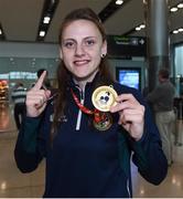 13 August 2017; Ireland team member Michaela Walsh, from Belfast who won Gold, in Dublin airport after her return home with team Ireland from the European Union Elite Women’s Boxing Championships at Dublin Airport. Photo by Matt Browne/Sportsfile