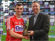 13 August 2017; Pictured is Paul Stapleton, General Manager, Electric Ireland, proud sponsor of the Electric Ireland GAA All-Ireland Minor Championships, presenting Brian Turnbull of Cork with the Player of the Match award for his outstanding performance in the Electric Ireland GAA Hurling All-Ireland Minor Championship Semi-Final. Throughout the Championships fans can follow the conversation, suppof something major through the hashtag #GAAThisIsMajor. Photo by Brendan Moran/Sportsfile