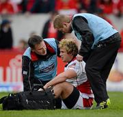 5 May 2012; Paddy McAllister, Ulster, receives attention for an injury from Ulster medical director Michael Webb, left, and Ulster head physiotherapist Gareth Robinson, which forced him to leave the game. Celtic League, Munster v Ulster, Thomond Park, Limerick. Picture credit: Stephen McCarthy / SPORTSFILE