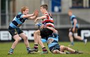 7 May 2012; Tim Bowler, Enniscorthy RFC, is tackled by Mikey Dunne, left, and Ben McEntagart, Navan RFC. Under-15 McAuley Cup Final, Navan RFC v Enniscorthy RFC, Donnybrook Stadium, Donnybrook, Co. Dublin. Picture credit: Ray McManus / SPORTSFILE