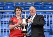 7 May 2012; The Tullamore RFC captain Johnny Brophy is presented with the D'Arcy Cup by Stuart Bayley, President of Leinster Rugby. Under-19 Darcy Cup Final, Naas RFC v Tullamore RFC, Donnybrook Stadium, Donnybrook, Co. Dublin. Picture credit: Ray McManus / SPORTSFILE