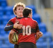 7 May 2012; Tullamore RFC try scorer Dean Cahill, 10, is congratulated by team-mate Killian Rush. Under-19 Darcy Cup Final, Naas RFC v Tullamore RFC, Donnybrook Stadium, Donnybrook, Co. Dublin. Picture credit: Ray McManus / SPORTSFILE