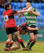 7 May 2012; Eoghan Kiely, Naas RFC, is tackled by Peter Connolly, 13, and Joe McDonald, Tullamore RFC. Under-19 Darcy Cup Final, Naas RFC v Tullamore RFC, Donnybrook Stadium, Donnybrook, Co. Dublin. Picture credit: Ray McManus / SPORTSFILE