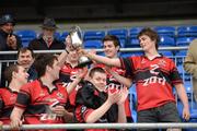 7 May 2012; The Tullamore RFC captain Johnny Brophy and team-mates lift the D'Arcy Cup. Under-19 Darcy Cup Final, Naas RFC v Tullamore RFC, Donnybrook Stadium, Donnybrook, Co. Dublin. Picture credit: Ray McManus / SPORTSFILE