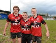 7 May 2012; Tullamore RFC players Leon Martin, left, Greg Walsh and Tom McNamara, right, celebrate victory. Under-19 Darcy Cup Final, Naas RFC v Tullamore RFC, Donnybrook Stadium, Donnybrook, Co. Dublin. Picture credit: Ray McManus / SPORTSFILE