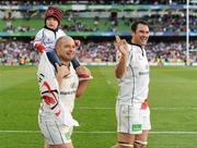 28 April 2012; Ulster's Rory Best, with his son Ben, aged 2, and Pedrie Wannenburg celebrates after the match. Heineken Cup Semi-Final, Ulster v Edinburgh, Aviva Stadium, Lansdowne Road, Dublin. Picture credit: Oliver McVeigh / SPORTSFILE