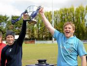 28 April 2012; Conan Doyle, Garryowen injured Club Captain, left, and Paul Neville, Captain for the day lifts the cup. Ulster Bank All-Ireland League Cup Final, Ballymena v Garryowen, Templeville Road, Dublin. Picture credit: Oliver McVeigh / SPORTSFILE