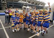 8 May 2012; In attendance at the launch of the Leinster GAA Hurling and Football Championships 2012 are schoolboys from St. Joseph's National School, Fairview, Dublin, with the Bob O'Keeffe Cup, watched by hurlers, from left, Fergal Moore, Galway, Keith Rossiter, Wexford and John McCaffrey, Dublin. Croke Park, Dublin. Picture credit: Brendan Moran / SPORTSFILE