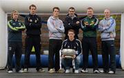 8 May 2012; In attendance at the launch of the Leinster GAA Hurling and Football Championships 2012 are, from left, Ben Brosnan, Wexford, Jamie Queeney, Meath, Declan Byrne, Louth, John Doyle, Kildare, Alan Mulhall, Offaly, Damien Sheridan, Longford, with Paul Flynn, Dublin, and the Delaney Cup. Croke Park, Dublin. Picture credit: Brendan Moran / SPORTSFILE