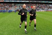 29 April 2012; Cormac Reilly, Standyby Referee, left, and Maurice Deegan, Referee, warm up before the game. Allianz Football League, Division 1 Final, Cork v Mayo, Croke Park, Dublin. Picture credit: Oliver McVeigh / SPORTSFILE