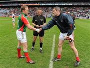 29 April 2012; Andy Moran, Mayo Captain and Graham Canty, Cork Captain, shake hands before the game. Allianz Football League, Division 1 Final, Cork v Mayo, Croke Park, Dublin. Picture credit: Oliver McVeigh / SPORTSFILE