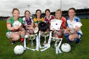 9 May 2012; All three Bord Gáis Energy Ladies NFL Finals will be held in Parnell Park on Saturday, 12th May, and all three finals will be broadcast live on TG4. At 1.15pm, in the Division 3 final Leitrim take on Westmeath. In the Division 2 final at 3.00pm Mayo take on Galway, while at 4.45pm in the Division 1 final Cork take on Monaghan. At a photocall ahead of the finals are, from left, Leona Ryder, Mayo, Claire Hehir, Galway, Mairead Stenson, Leitrim, Laura Walsh, Westmeath, Elaine Harte, Cork, and Sharon Courtney, Monaghan. Parnell Park, Donnycarney, Dublin. Picture credit: Brian Lawless / SPORTSFILE