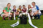 9 May 2012; All three Bord Gáis Energy Ladies NFL Finals will be held in Parnell Park on Saturday, 12th May, and all three finals will be broadcast live on TG4. At 1.15pm, in the Division 3 final Leitrim take on Westmeath. In the Division 2 final at 3.00pm Mayo take on Galway, while at 4.45pm in the Division 1 final Cork take on Monaghan. At a photocall ahead of the finals are, from left, Leona Ryder, Mayo, Claire Hehir, Galway, Mairead Stenson, Leitrim, Laura Walsh, Westmeath, Elaine Harte, Cork, and Sharon Courtney, Monaghan. Parnell Park, Donnycarney, Dublin. Picture credit: Brian Lawless / SPORTSFILE