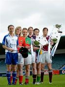 9 May 2012; All three Bord Gáis Energy Ladies NFL Finals will be held in Parnell Park on Saturday, 12th May, and all three finals will be broadcast live on TG4. At 1.15pm, in the Division 3 final Leitrim take on Westmeath. In the Division 2 final at 3.00pm Mayo take on Galway, while at 4.45pm in the Division 1 final Cork take on Monaghan. At a photocall ahead of the finals are, from left, Sharon Courtney, Monaghan, Elaine Harte, Cork, Leona Ryder, Mayo, Claire Hehir, Galway, Mairead Stenson, Leitrim, and Laura Walsh, Westmeath. Parnell Park, Donnycarney, Dublin. Picture credit: Brian Lawless / SPORTSFILE