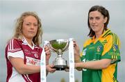 9 May 2012; All three Bord Gáis Energy Ladies NFL Finals will be held in Parnell Park on Saturday, 12th May, and all three finals will be broadcast live on TG4. At 1.15pm, in the Division 3 final Leitrim take on Westmeath. In the Division 2 final at 3.00pm Mayo take on Galway, while at 4.45pm in the Division 1 final Cork take on Monaghan. At a photocall ahead of the finals are, Jenny Rogers, Westmeath, left, and Mairead Stenson, Leitrim. Parnell Park, Donnycarney, Dublin. Picture credit: Brian Lawless / SPORTSFILE