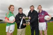 9 May 2012; All three Bord Gáis Energy Ladies NFL Finals will be held in Parnell Park on Saturday, 12th May, and all three finals will be broadcast live on TG4. At 1.15pm, in the Division 3 final Leitrim take on Westmeath. In the Division 2 final at 3.00pm Mayo take on Galway, while at 4.45pm in the Division 1 final Cork take on Monaghan. At a photocall ahead of the finals are, from left, Leona Ryder, Mayo, Fr. Mike Murphy, manager, Mayo, Con Moynihan, manager, Galway, and Claire Hehir, Galway. Parnell Park, Donnycarney, Dublin. Picture credit: Brian Lawless / SPORTSFILE