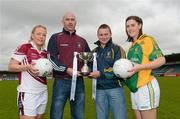 9 May 2012; All three Bord Gáis Energy Ladies NFL Finals will be held in Parnell Park on Saturday, 12th May, and all three finals will be broadcast live on TG4. At 1.15pm, in the Division 3 final Leitrim take on Westmeath. In the Division 2 final at 3.00pm Mayo take on Galway, while at 4.45pm in the Division 1 final Cork take on Monaghan. At a photocall ahead of the finals are, from left, Jenny Rogers, Westmeath, Martin Flanagan, manager, Westmeath, Niall Kilcrann, manager, Leitrim, and  Mairead Stenson, Leitrim. Parnell Park, Donnycarney, Dublin. Picture credit: Brian Lawless / SPORTSFILE