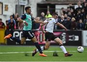 13 August 2017; Michael Duffy of Dundalk beats Darren Coyle of Derry City to score his side's fourth goal during the Irish Daily Mail FAI Cup first round match between Dundalk and Derry City at Oriel Park in Dundalk, Louth. Photo by David Maher/Sportsfile