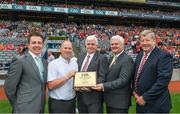 13 August 2017; At the Pitch of the Year presentation during half time in the GAA Hurling All-Ireland Senior Championship Semi-Final match between Cork and Waterford at Croke Park in Dublin are l to r; Croke Park Head Groundsman Stuart Wilson, David Hanley, Semple Stadium pitch team, Michael Burke, Tipperary County Committee Chairman, Uachtarán Chumann Lúthchleas Gael Aogán Ó Fearghail and Committee Chairman Kieran McGann of the National Pitch Maintenance Work Group Photo by Ray McManus/Sportsfile