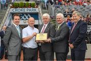 13 August 2017; At the Pitch of the Year presentation during half time in the GAA Hurling All-Ireland Senior Championship Semi-Final match between Cork and Waterford at Croke Park in Dublin are l to r; Croke Park Head Groundsman Stuart Wilson, David Hanley, Semple Stadium pitch team, Michael Burke, Tipperary County Committee Chairman, Uachtarán Chumann Lúthchleas Gael Aogán Ó Fearghail and Committee Chairman Kieran McGann of the National Pitch Maintenance Work Group Photo by Ray McManus/Sportsfile
