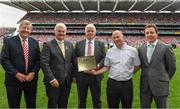 13 August 2017; At the Pitch of the Year presentation during half time in the GAA Hurling All-Ireland Senior Championship Semi-Final match between Cork and Waterford at Croke Park in Dublin are l to r; Committee Chairman Kieran McGann of the National Pitch Maintenance Work Group, Uachtarán Chumann Lúthchleas Gael Aogán Ó Fearghail, Michael Burke, Tipperary County Committee Chairman, David Hanley, Semple Stadium pitch team, and Croke Park Head Groundsman Stuart Wilson  Photo by Ray McManus/Sportsfile