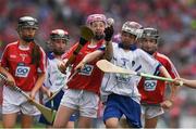 13 August 2017; Elaine Frawley, Bruree NS, Co Limerick, representing Cork, in action against Niamh Sweeney, Woodlands NS, Letterkenny, Co Donegal, representing Waterford, during the INTO Cumann na mBunscol GAA Respect Exhibition Go Games at half time during the GAA Hurling All-Ireland Senior Championship Semi-Final match between Cork and Waterford at Croke Park in Dublin. Photo by Ray McManus/Sportsfile
