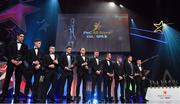 3 November 2017; Players from the PwC All Star Hurling Team of the Year, from left, Galway hurler Gearóid McInerney, Cork hurler Mark Coleman, Waterford hurler Jamie Barron, Galway hurler David Burke, Waterford hurler Kevin Moran, Galway hurler Joe Canning, Waterford hurler Michael Walsh, Galway hurler Conor Whelan, Galway hurler Conor Cooney and Cork hurler Patrick Horgan during the PwC All Stars 2017 at the Convention Centre in Dublin. Photo by Brendan Moran/Sportsfile