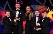 3 November 2017; Hurler of the Year Joe Canning of Galway with members of the Keady family, from left, Jake, Shannon, Harry and Anthony during the PwC All Stars 2017 at the Convention Centre in Dublin. Photo by Brendan Moran/Sportsfile