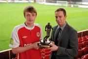 10 May 2012; Chris Forrester, St. Patricks Athletic, who was presented with the Airtricity / SWAI Player of the Month Award for April 2012 by Josh Bradley, Corporate Communications Executive, Airtricity. Richmond Park, Inchicore, Dublin. Picture credit: Brendan Moran / SPORTSFILE