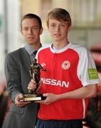 10 May 2012; Chris Forrester, St. Patricks Athletic, who was presented with the Airtricity / SWAI Player of the Month Award for April 2012 by Josh Bradley, Corporate Communications Executive, Airtricity. Richmond Park, Inchicore, Dublin. Picture credit: Brendan Moran / SPORTSFILE