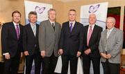 11 May 2012; In attendance at a Sportsman's Lunch in aid of The Gary Kelly Cancer Support Centre are, from left, RTE's Darragh Maloney, Paddy Dywer, from the Gary Kelly Cancer Support Centre, comedian Barry Murphy, Declan Weldon, from the Gary Kelly Cancer Support Centre, former Republic of Ireland physio Mick Byrne and former Republic of Ireland international Johnny Giles. Westcourt Hotel, Drogheda, Co. Louth. Photo by Sportsfile