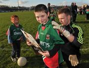 11 May 2012; Dean Guilfoyle, age 11, from Claremorris, Co. Mayo, has his jersey signed by goalkeeper Robert Hanley during a Mayo GAA Open Day 2012. Elverys MacHale Park, Castlebar, Co. Mayo. Picture credit: Barry Cregg / SPORTSFILE