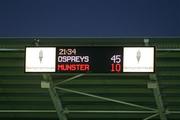 11 May 2012; A general view of the scoreboard after the final whistle which ended Ospreys 45 points to Munster's 10 points. Celtic League Play-Off, Ospreys v Munster, Liberty Stadium, Swansea, Wales. Picture credit: Steve Pope / SPORTSFILE