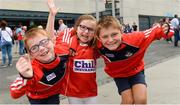 13 August 2017; Cork supporters, from left, Cathal, age 6, Clodagh, age 4, and Cormac, age 9, Hogan, from Redbarn, Youghal, before the GAA Hurling All-Ireland Senior Championship Semi-Final match between Cork and Waterford at Croke Park in Dublin. Photo by Piaras Ó Mídheach/Sportsfile