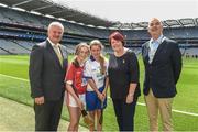 13 August 2017; Uachtarán Chumann Lúthchleas Gael Aogán Ó Fearghaíl, President of the Camogie Association Catherine Neary, President of the INTO John Boyle, with Lauren East and Claire Doheny, both from St Aiden's NS, Kilmanagh, Co Kilkenny, ahead of the INTO Cumann na mBunscol GAA Respect Exhibition Go Games at Galway v Tipperary - GAA Hurling All-Ireland Senior Championship Semi-Final at Croke Park in Dublin. Photo by Daire Brennan/Sportsfile